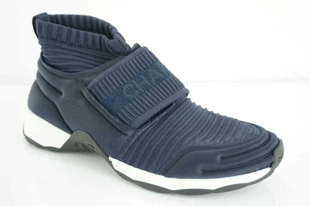 Chanel Navy Blue Stretch Fabric CC Logo High Top Sneaker Sock